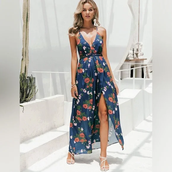 Shein Dresses | Shein Blue Floral Maxi Dress | Color: Blue | Size: S | Taylorjean27'S Closet